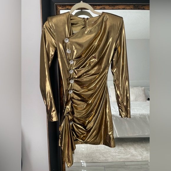 House of CB GABY Gold Metallic Lame Drape Dress - Picture 3 of 5